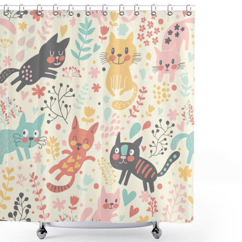 Personality  Childish Seamless Pattern With Funny Cats Shower Curtains