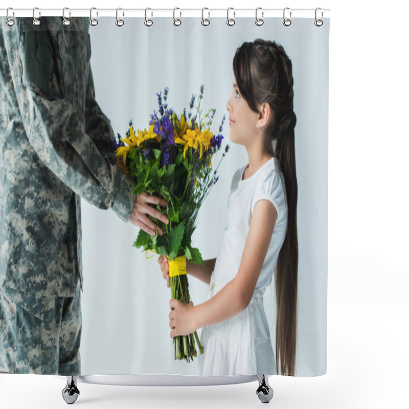 Personality  Child Giving Blue And Yellow Bouquet To Servicewoman In Camouflage Uniform Isolated On Grey  Shower Curtains