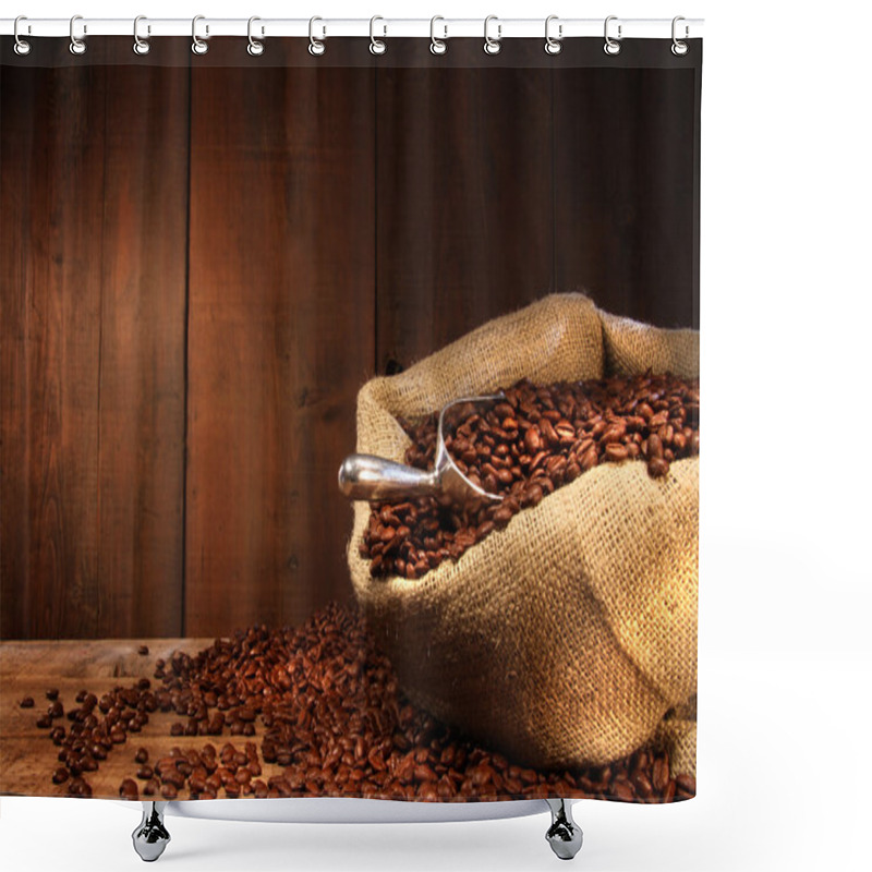 Personality  Burlap Sack Of Coffee Beans Against Dark Wood Shower Curtains