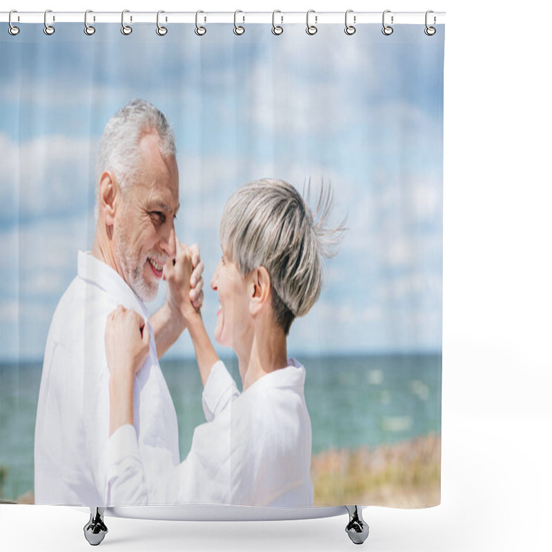 Personality  Happy Senior Couple Looking At Each Other While Dancing At Beach Shower Curtains