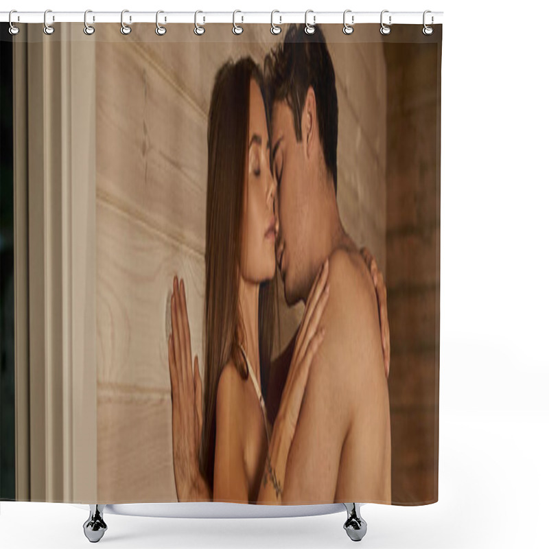 Personality  Banner, Man Hugging Passionate Woman With Tattoo On Hand In Vacation House, Sexy Couple Shower Curtains