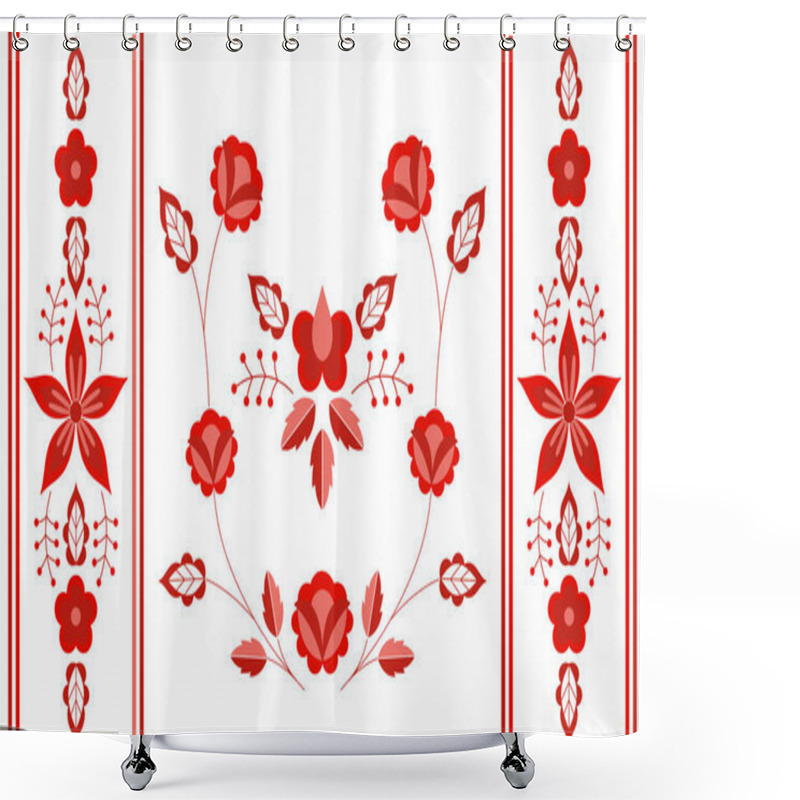 Personality  Polish Folk Pattern Vector. Floral Ethnic Ornament. Slavic Eastern European Print. Red Flower Design For Bolster Pillow Case, Gypsy Interior Textile, Boho Blanket, Bohemian Rug, Rustic Wedding Card. Shower Curtains