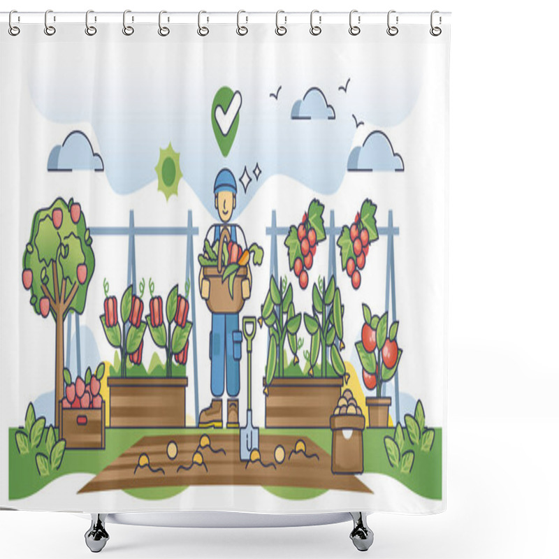 Personality  Locally Grown Food And Vegetable Farming Or Harvest Process Outline Concept. Natural Products And Seasonal Gardening For Eating Vector Illustration. Biological Farm With Fresh And High Quality Fruits Shower Curtains