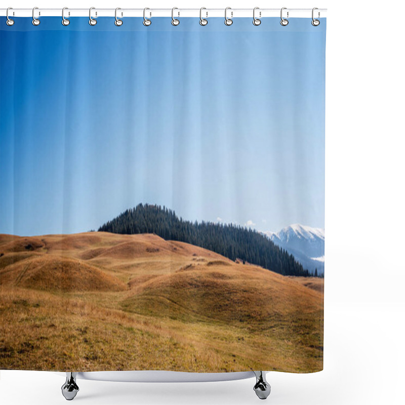 Personality  An Expansive Golden Meadow With A Dense Evergreens, With A Backdrop Of Distant Snow-capped Mountains Under A Vast Clear Blue Sky, A Striking Contrast Between The Warm And Cool Tones Of The Landscape Shower Curtains