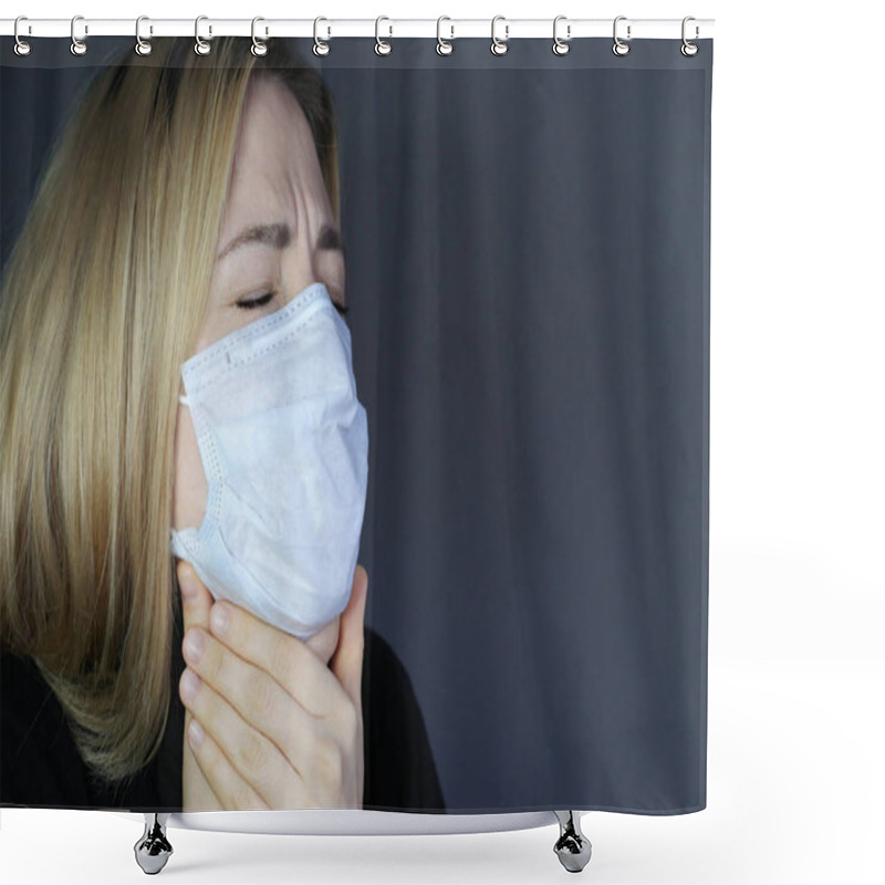 Personality  Sick Woman Feeling Bad. Woman Wear Protective Medical Mask. Self Protection. Coronavirus Protection. Shower Curtains