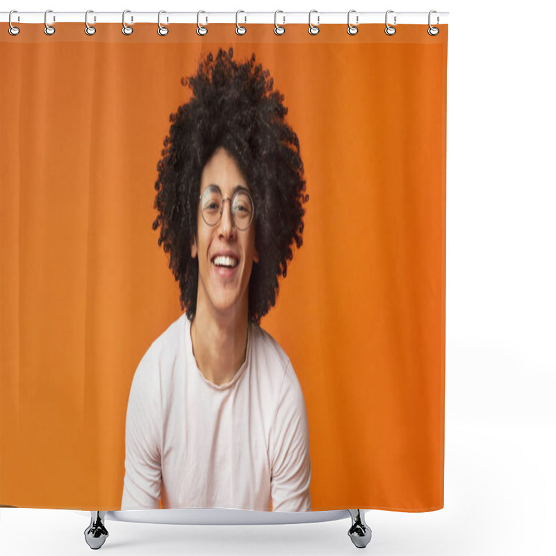 Personality  Happy Millennial Black Guy Laughing On Orange Background Shower Curtains