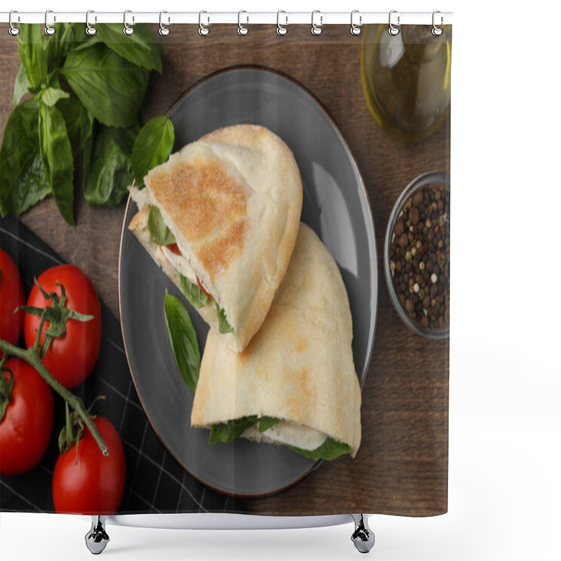 Personality  Delicious Pita Sandwiches With Mozzarella, Tomatoes And Basil On Wooden Table, Flat Lay Shower Curtains