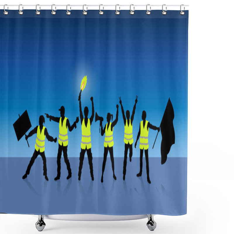 Personality  Yellow Vests Protest In Paris France In Front Of Midnight Blue. All The Objects, Shadows And Background Are In Different Layers.  Shower Curtains