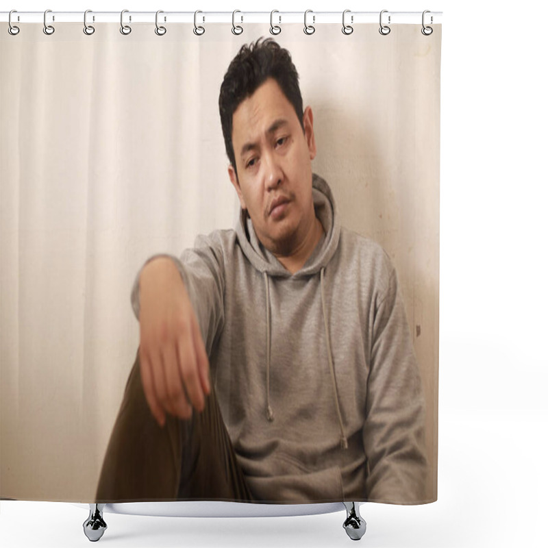 Personality  Sad Depressed Anxiety Asian Man Thinking Contemplating Bad Thing Happened In His Life, Stress Exhausted Feeling Down Expression, Financial Or Relationship Problem Concept Shower Curtains