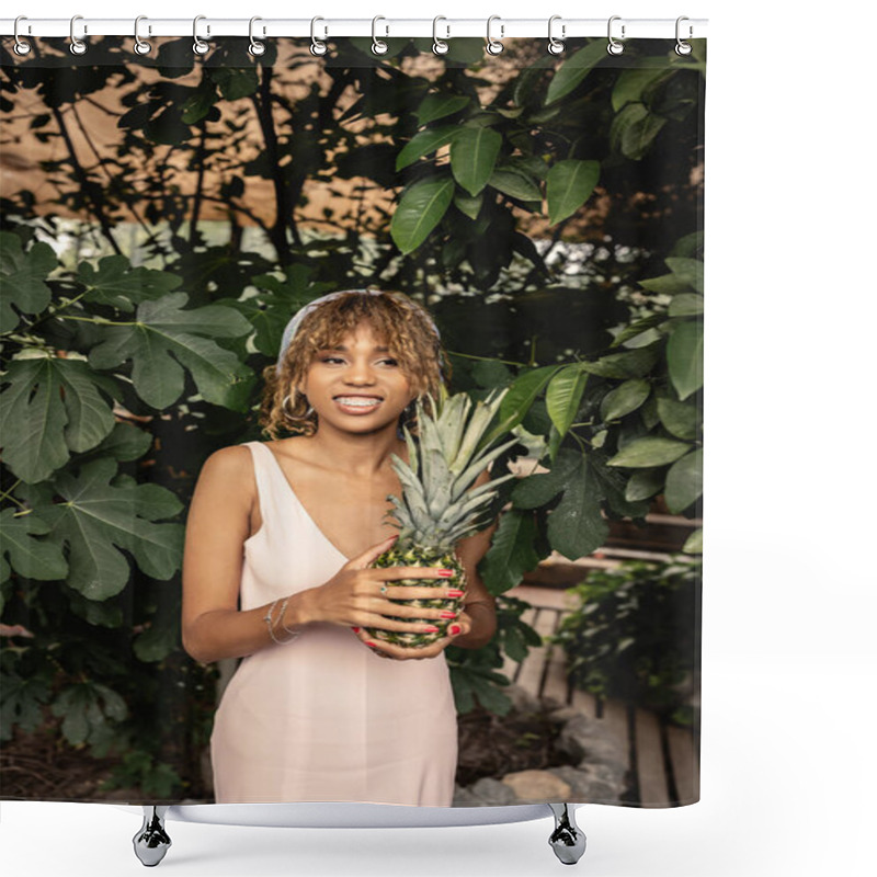 Personality  Young And Cheerful African American Woman With Braces Wearing Summer Outfit And Holding Pineapple While Standing Near Plants In Orangery, Woman In Summer Outfit Posing Near Lush Tropical Plants Shower Curtains