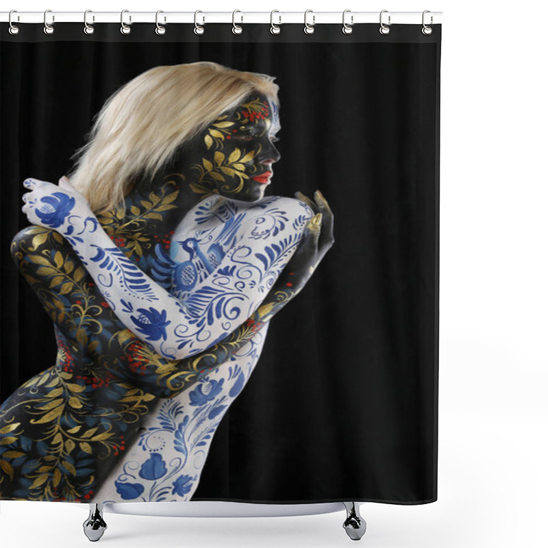 Personality  Body Art Portrait Of A Girl In The Style Of Khokhloma And Gzhel On A Black Background Studio Shower Curtains