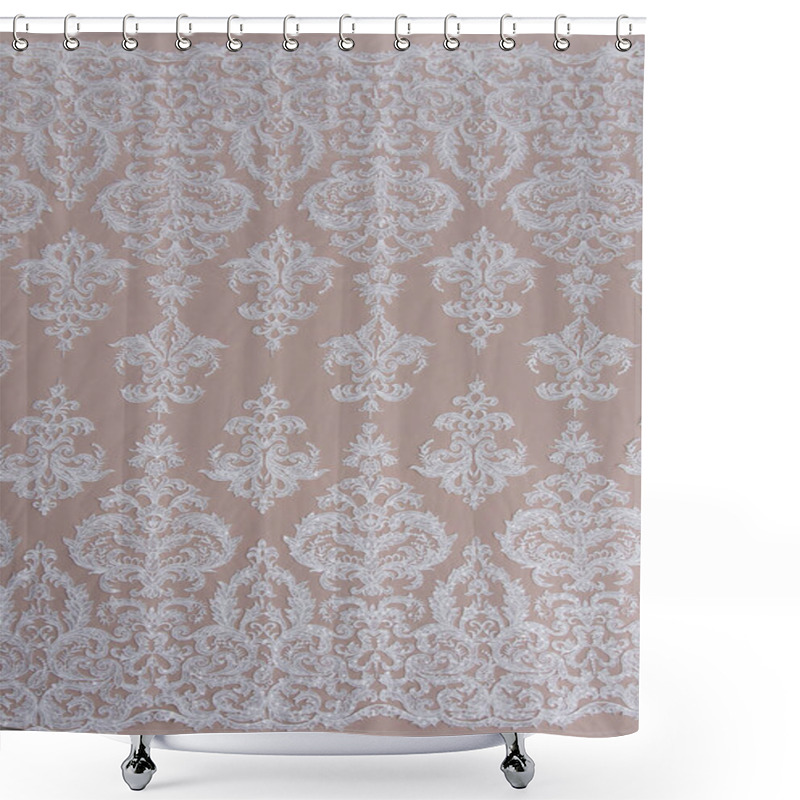 Personality  Texture Lace Fabric. Lace On White Background Studio. Thin Fabric Made Of Yarn Or Thread. A Background Image Of Ivory-colored Lace Cloth. White Lace On Beige Background. Shower Curtains