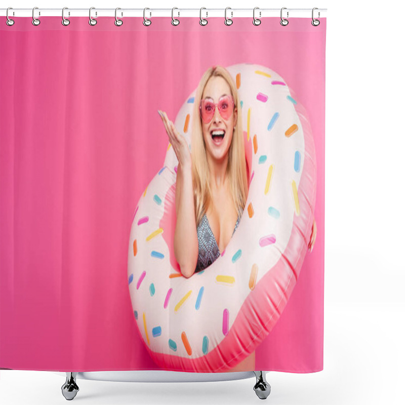 Personality  Image Of Girl In Swimsuit Sunglasses With Inflatable Donut For Swimming On Empty Pink Background. Indicates With Hand To Side Shower Curtains