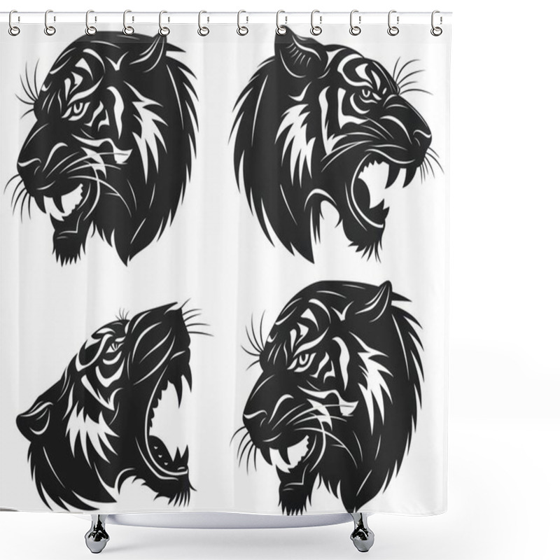 Personality  Illustration Of Fierce Tiger Heads, Showcasing Powerful Expressions And Intricate Detailing In Bold Black Outlines. Shower Curtains