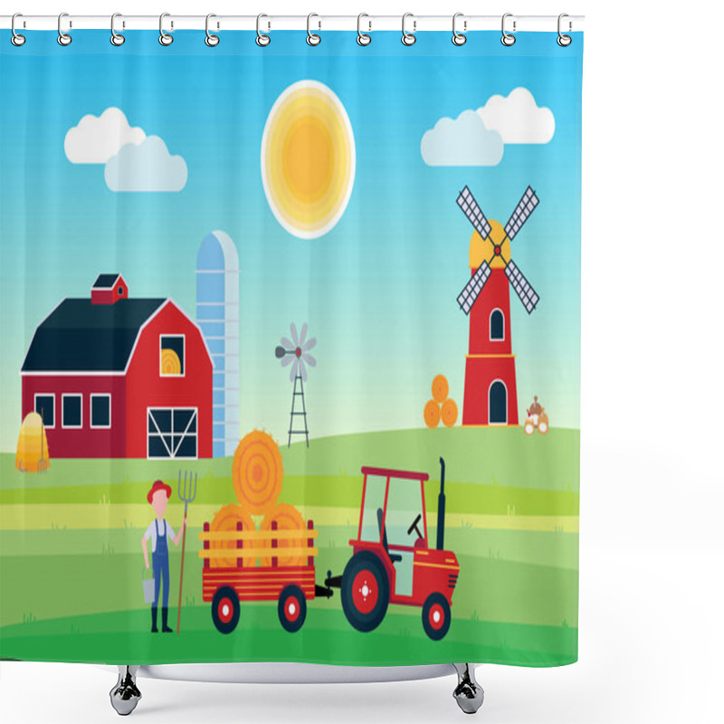 Personality  Village Harvesting Landscape Poster, Banner Or Wallpaper. The Tractor With Semi-trailer And Hay Bale, Red Barn With Silo, Windmill And Mill With Flour Producing Flat Style Design Vector Illustration. Shower Curtains