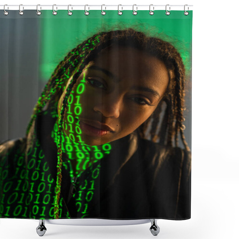 Personality  Portrait Of African American Woman With Binary Code On Face On Grey Background  Shower Curtains