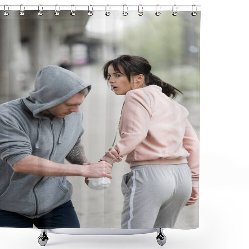 Personality  Young Male Bandit In Hoodie Stealing Handbag From Shocked Young Woman Shower Curtains