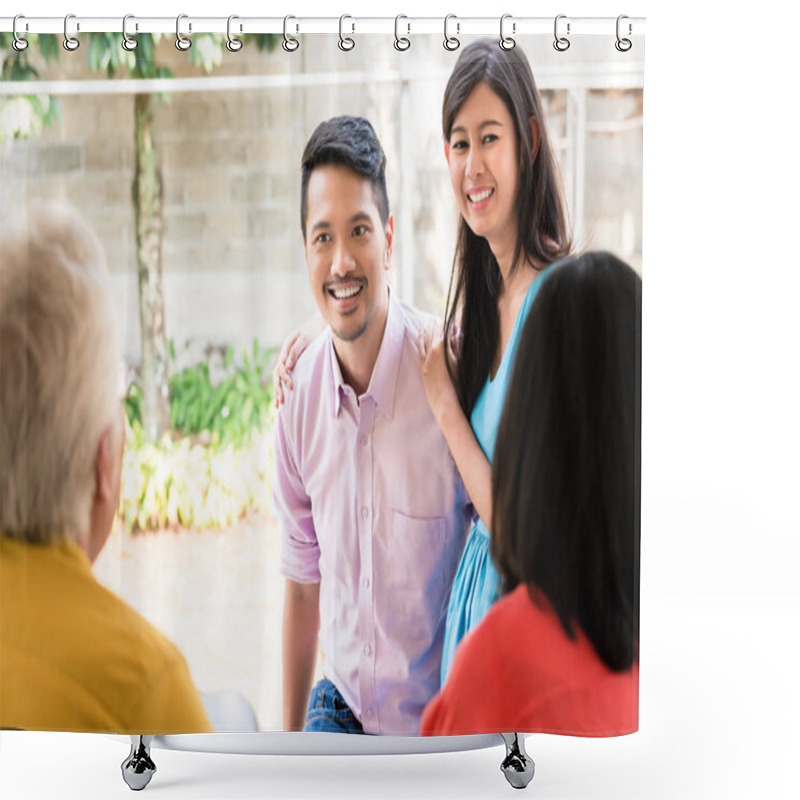 Personality  Rear View Of Elderly Couple Visited By Their Son Or Daughter Shower Curtains