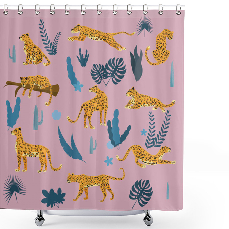 Personality  Set Of Leopards In Various Poses, Plants, Flowers, Exotic, Graphic Cute Trend Style, Mammal Predator, Jungle. Vector Illustration Of Cartoon Style Shower Curtains