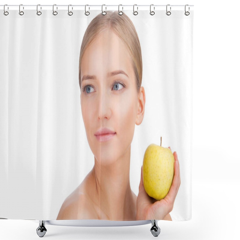 Personality  Beauty Woman Face Portrait With Apple. Skin Care Concept Isolated On A White Background Shower Curtains