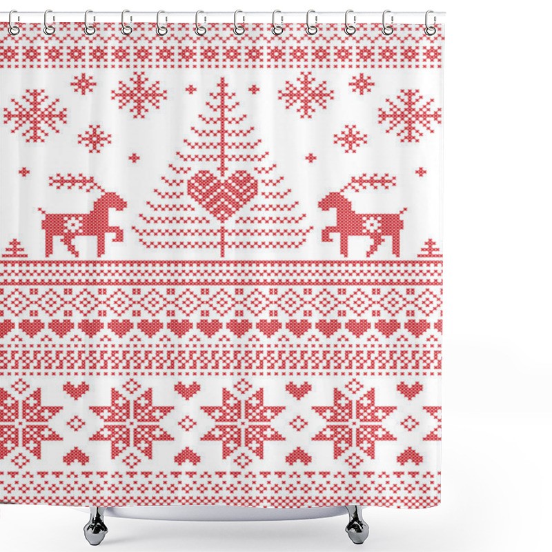 Personality  Scandinavian Style And Nordic Culture Inspired Christmas And Festive Winter Seamless Pattern In Cross Stitch Style With Xmas Trees , Snowflakes, Starts, Reindeer, Hearts, Decorative Ornaments In Red Shower Curtains