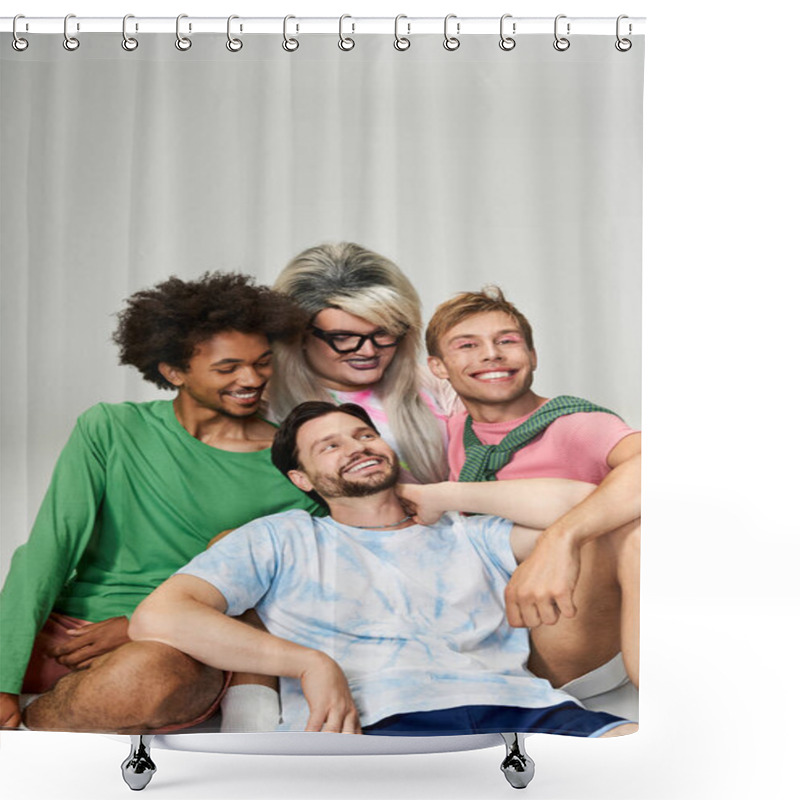 Personality  A Group Of Four Friends Joyfully Posing Together, Showcasing Vibrant Outfits And Smiles. Shower Curtains