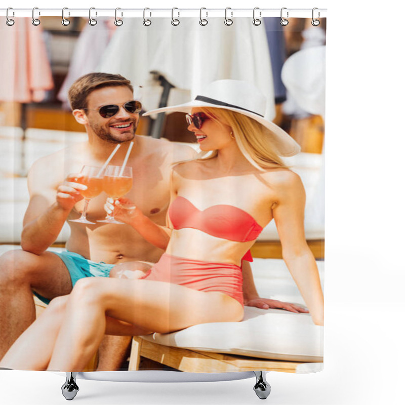 Personality  Happy Smiling Couple Clinking Glasses With Cocktails And Looking At Each Other At Resort In Sunny Day Shower Curtains