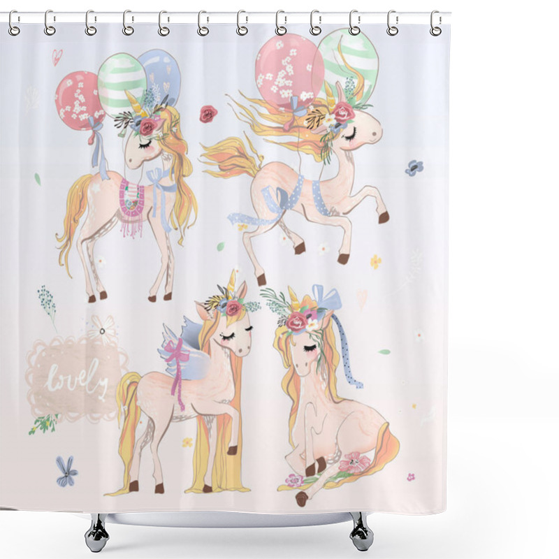 Personality  Set Of Cute Unicorns With Balloons, Floral Wreaths And Tied Bows On White Background Shower Curtains