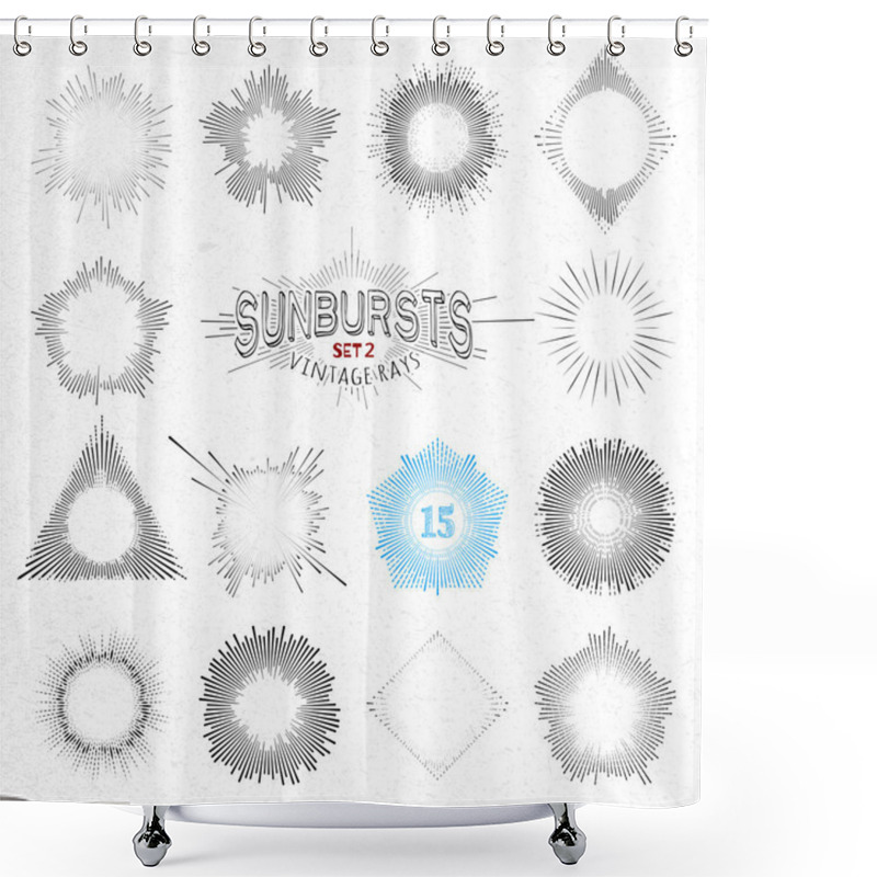 Personality  Set Of Retro Sun Burst Shapes. Vector Collection Of Trendy Hipster Sunburst Design Elements. Bursting Sun Rays Frames. Light Ray Vintage Style Frames Shower Curtains