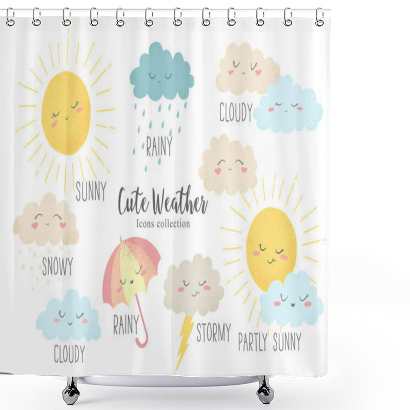 Personality  Vector Icons Set Of Hand Drawn Cartoon Sun, Umbrella, Rain, Snow, Clouds Isolated On White Background. Cute Weather Characters Illustration In Cartoon Simple Flat Style Shower Curtains