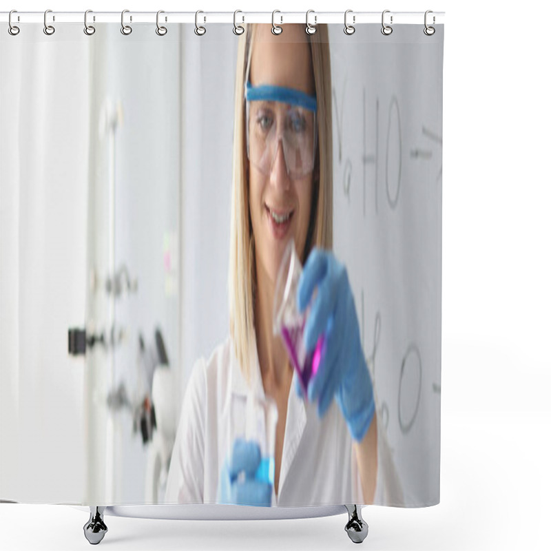 Personality  Woman Scientist In Safety Glasses Pouring Chemical Solution From Flask In Laboratory Shower Curtains