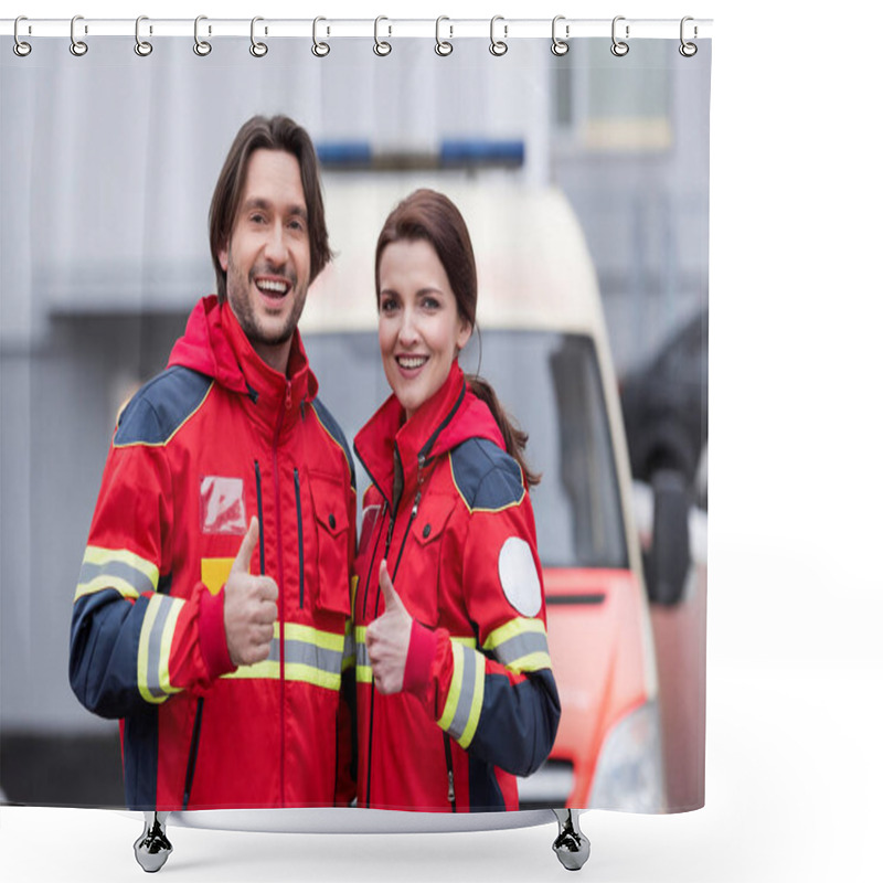 Personality  Laughing Paramedics In Red Uniform Showing Thumbs Up Shower Curtains