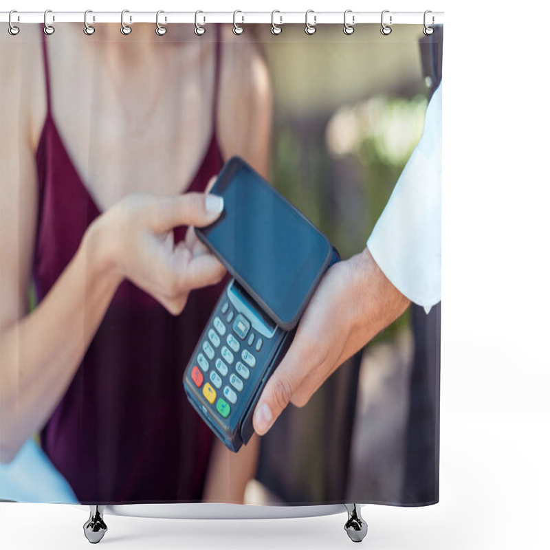 Personality  Woman Paying With NFC Technology Shower Curtains