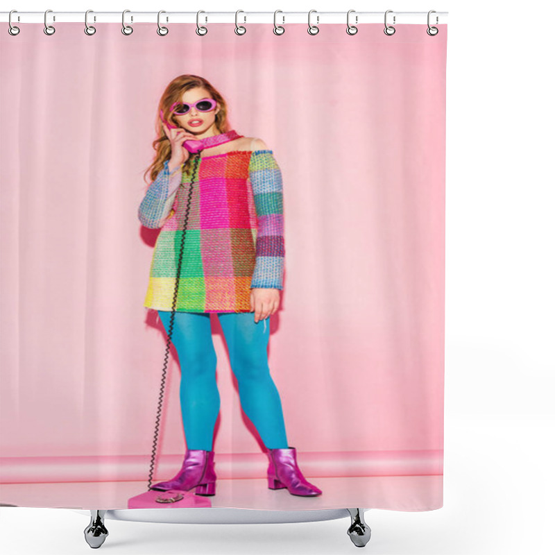 Personality  Young Woman In Sunglasses And Checkered Dress Talking On Retro Phone On Pink Shower Curtains