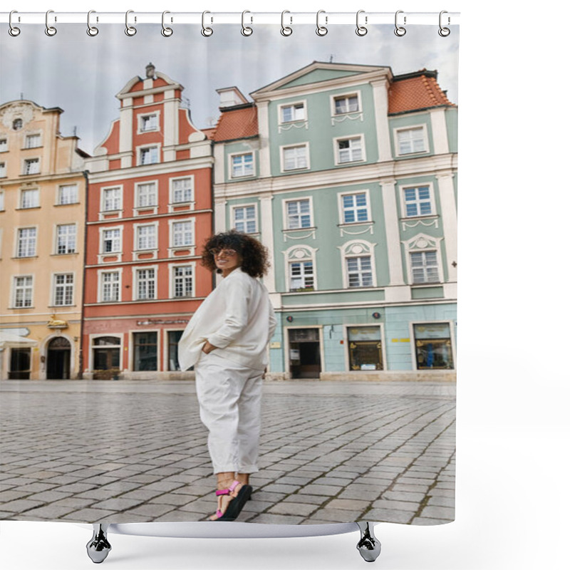 Personality  A Woman In A White Outfit Strolls Through A European Town Square, Admiring The Colorful Buildings. Shower Curtains