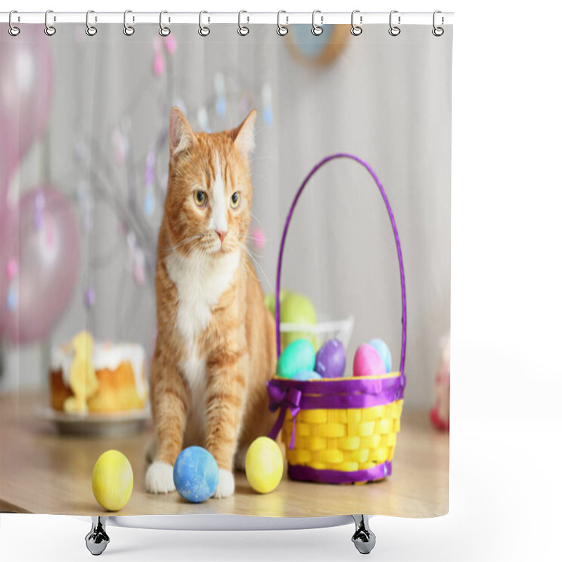 Personality  Cute Red Cat With Easter Eggs And Basket Sitting On Table, Closeup Shower Curtains