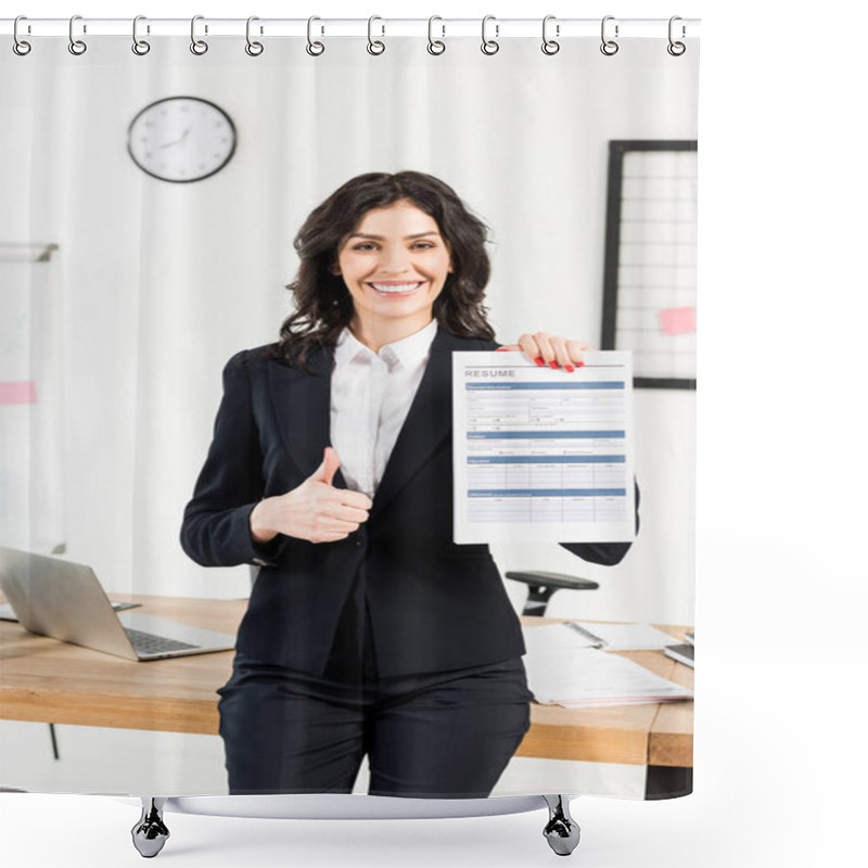 Personality  Cheerful Brunette Recruiter Holding Resume And Showing Thumb Up  Shower Curtains