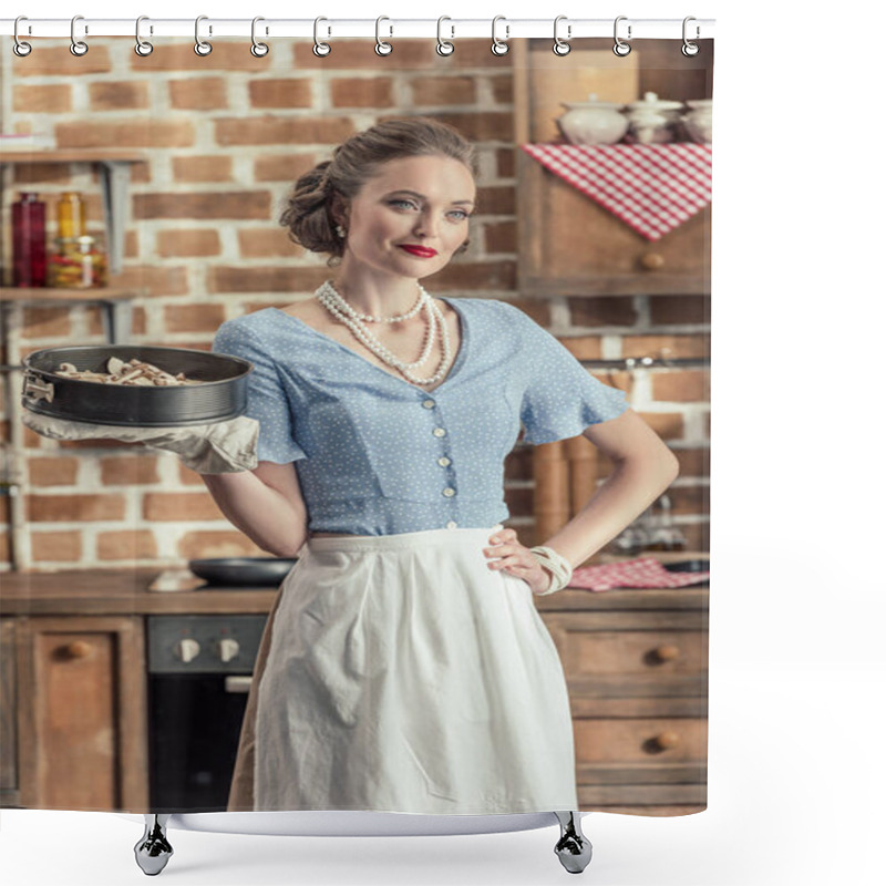 Personality  Beautiful Adult Housewife Holding Baking Trey At Kitchen Shower Curtains