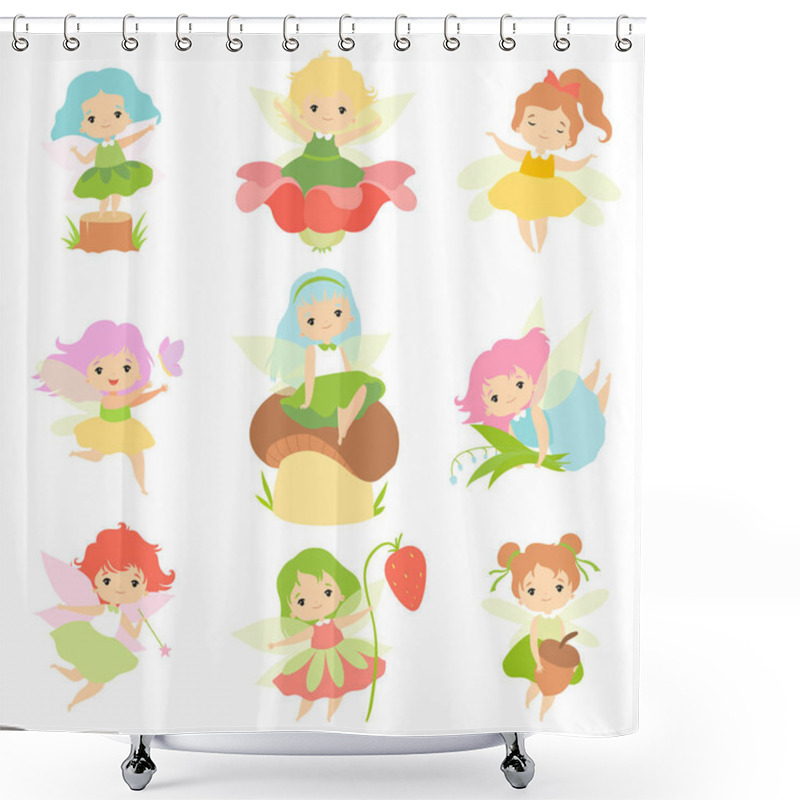 Personality  Cute Little Forest Fairies Set, Lovely Fairies Girls Cartoon Characters With Colored Hair And Wings Vector Illustration Shower Curtains