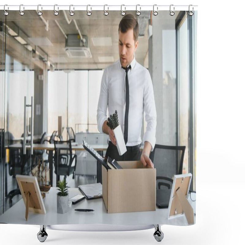 Personality  Fired Young Man Packing His Stuff In Office. Shower Curtains