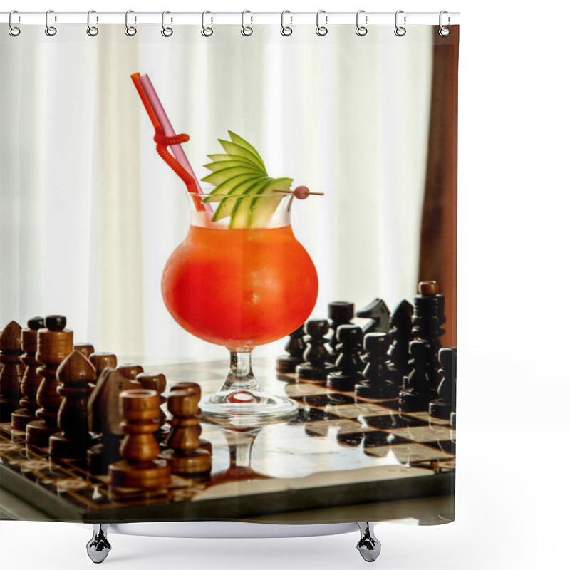 Personality  Fruit Cocktail Garnished With Apple Slices Placed On Chess Board Shower Curtains