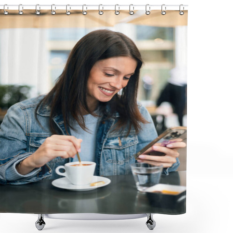 Personality  Shot Of Cheerful Woman Using Her Smartphone While Drinking A Cup Of Coffee On A Bar Terrace  Shower Curtains