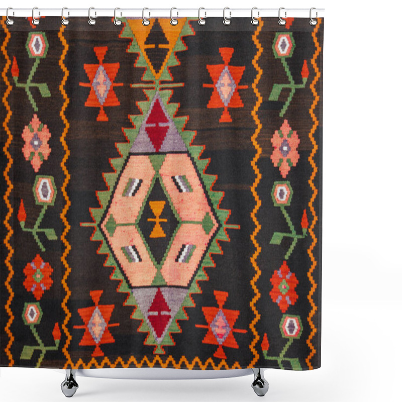 Personality  Close-up Of A Traditional Handwoven Rug Featuring Intricate Geometric Patterns With Vivid Colors Of Red, Orange, Green, And Black Emphasizing The Craftsmanship And Cultural Heritage Of The Design. Shower Curtains