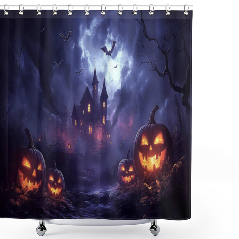 Personality  Happy Halloween Background With Pumpkin Jack-O-Lantern, Witch Hat, Ghosts, And Spooky Decorations. Perfect For Trick Or Treat Celebrations, Holiday Parties And October 31st Festivities. Shower Curtains