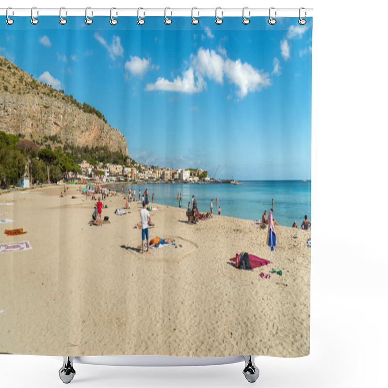 Personality  Mondello - Palermo, Sicily, Italy - October 9, 2017: People Enjoying Beach Of Mondello On An Autumn Day, Is A Small Seaside Resort Near Center Of City Palermo. Shower Curtains