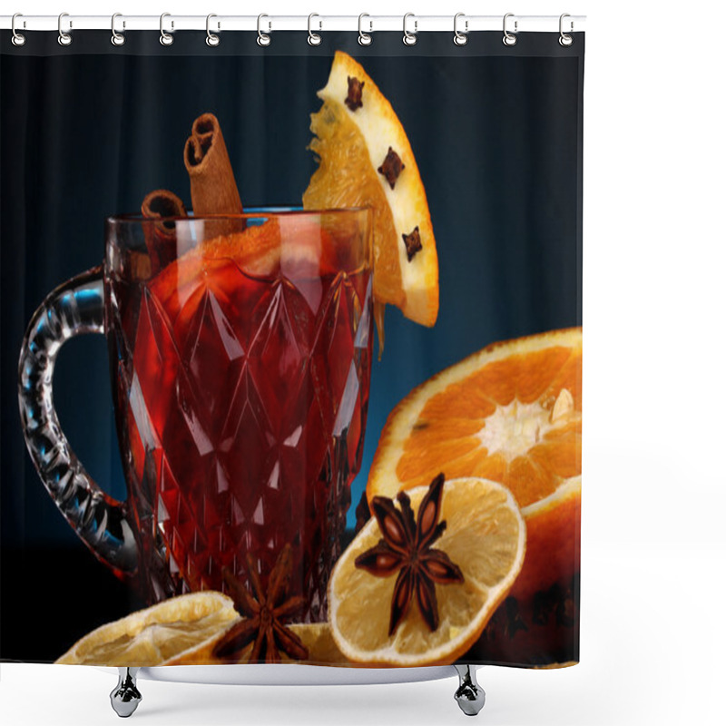 Personality  Fragrant Mulled Wine In Glass With Spices And Oranges Around On Blue Background Shower Curtains