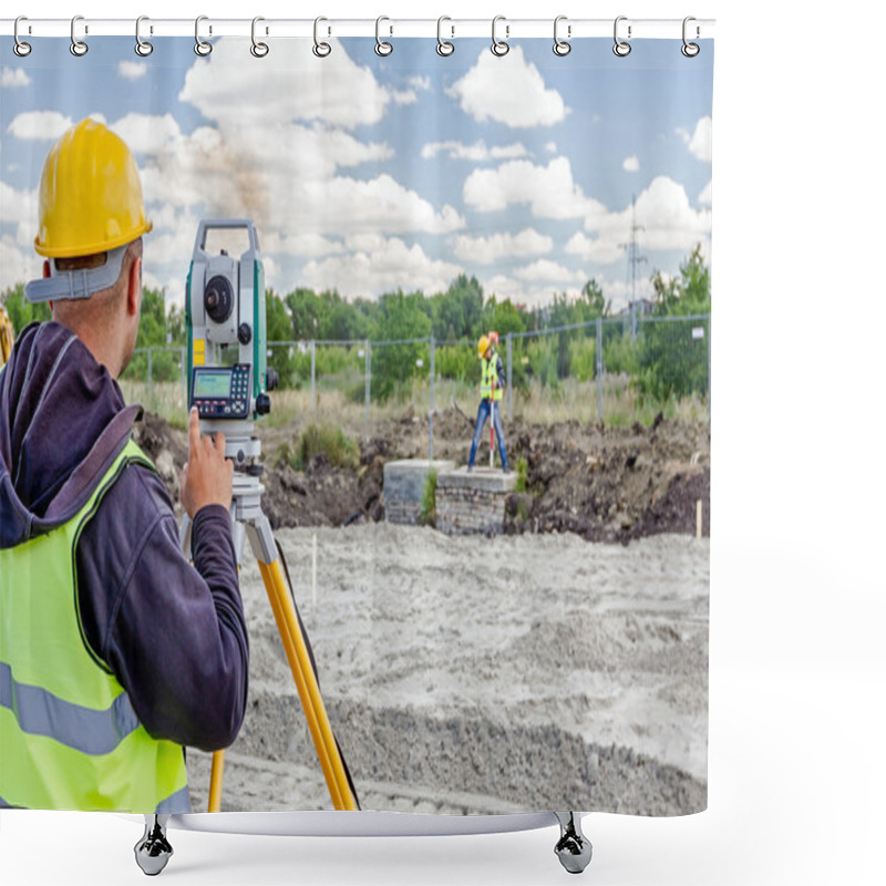 Personality  Geodesist Is Working With Total Station On A Building Site. Civi Shower Curtains