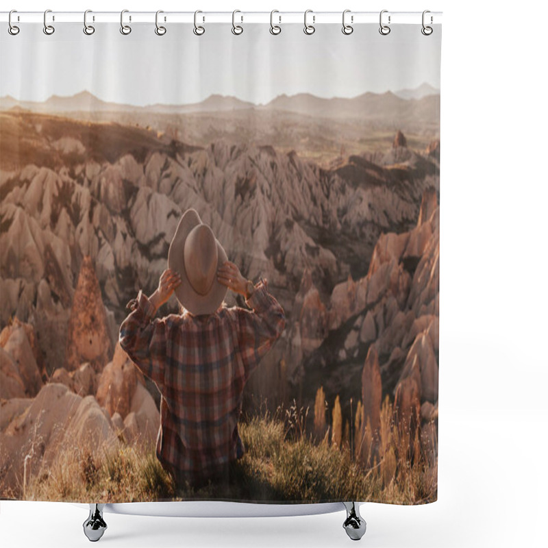 Personality  Woman Traveler In Hat And Looking At  Mountains. Travel, Lifesty Shower Curtains