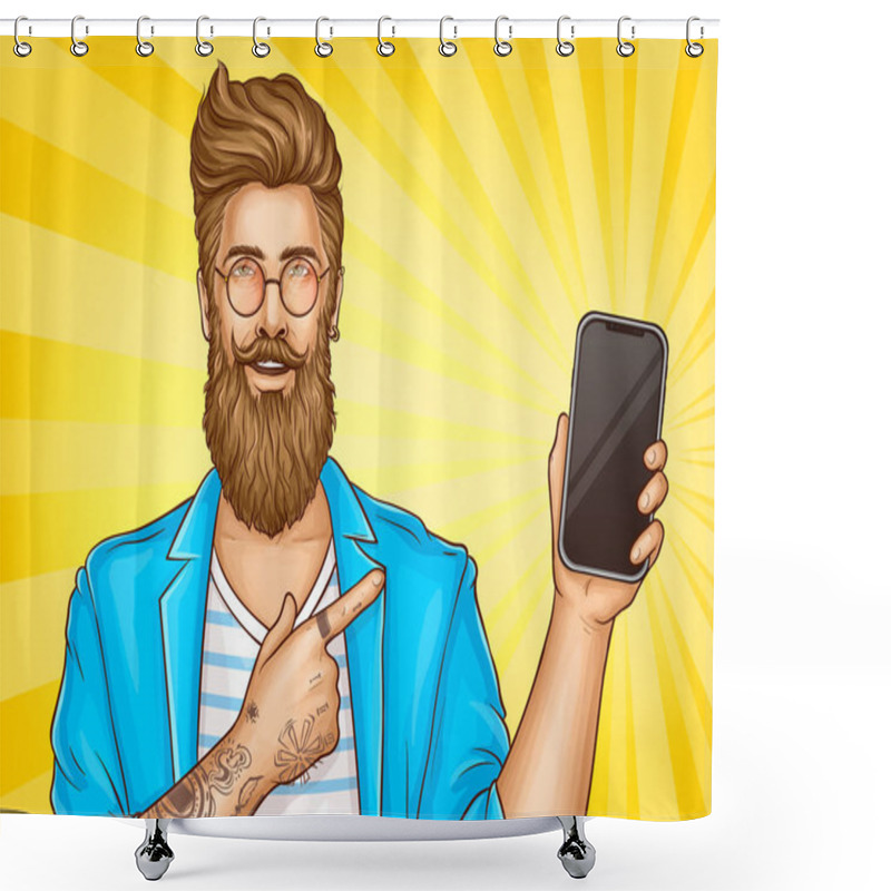 Personality  Bearded Hipster With Tattoos Point On Smartphone Shower Curtains