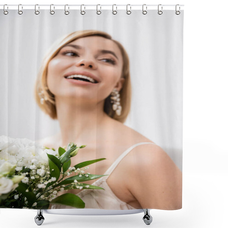 Personality  Special Occasion, Beautiful, Blonde Bride In Wedding Dress Holding Bouquet On Grey Background, White Flowers, Bridal Accessories, Happiness, Feminine, Blissful, Looking Away, Joy  Shower Curtains